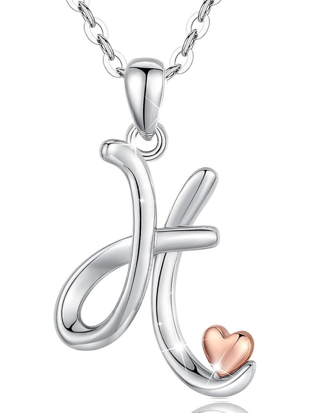Women's Initial H Necklace Sterling Silver Letter Pendant Rose Gold Heart Chain
